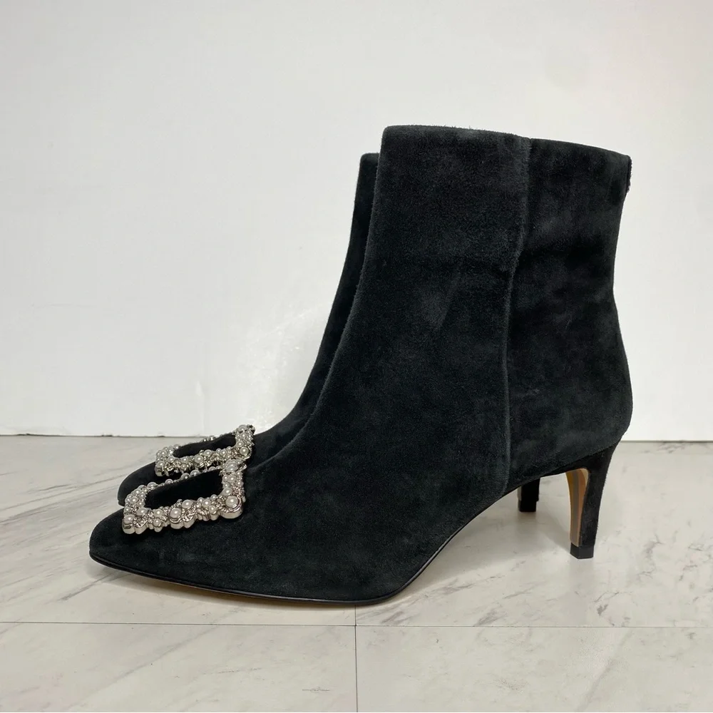 Sam Edelman Ulissa Luster Black Suede Pointy Toe Bootie 6 1/2 M